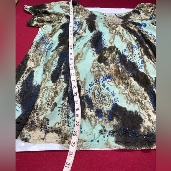 Just Cruising blue tan TIE DYE SWIRL BLOUSE Paisley Sequins short sleeves womens - Picture 10 of 14
